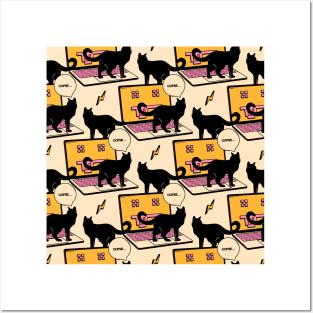 404 Error Laptop Black Cat Pattern in beige Posters and Art